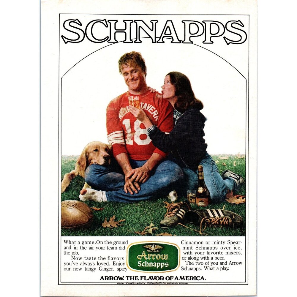 1981 Arrow Schnapps Vintage Print Ad Football Golden Retriever Dog 80s Wall Art